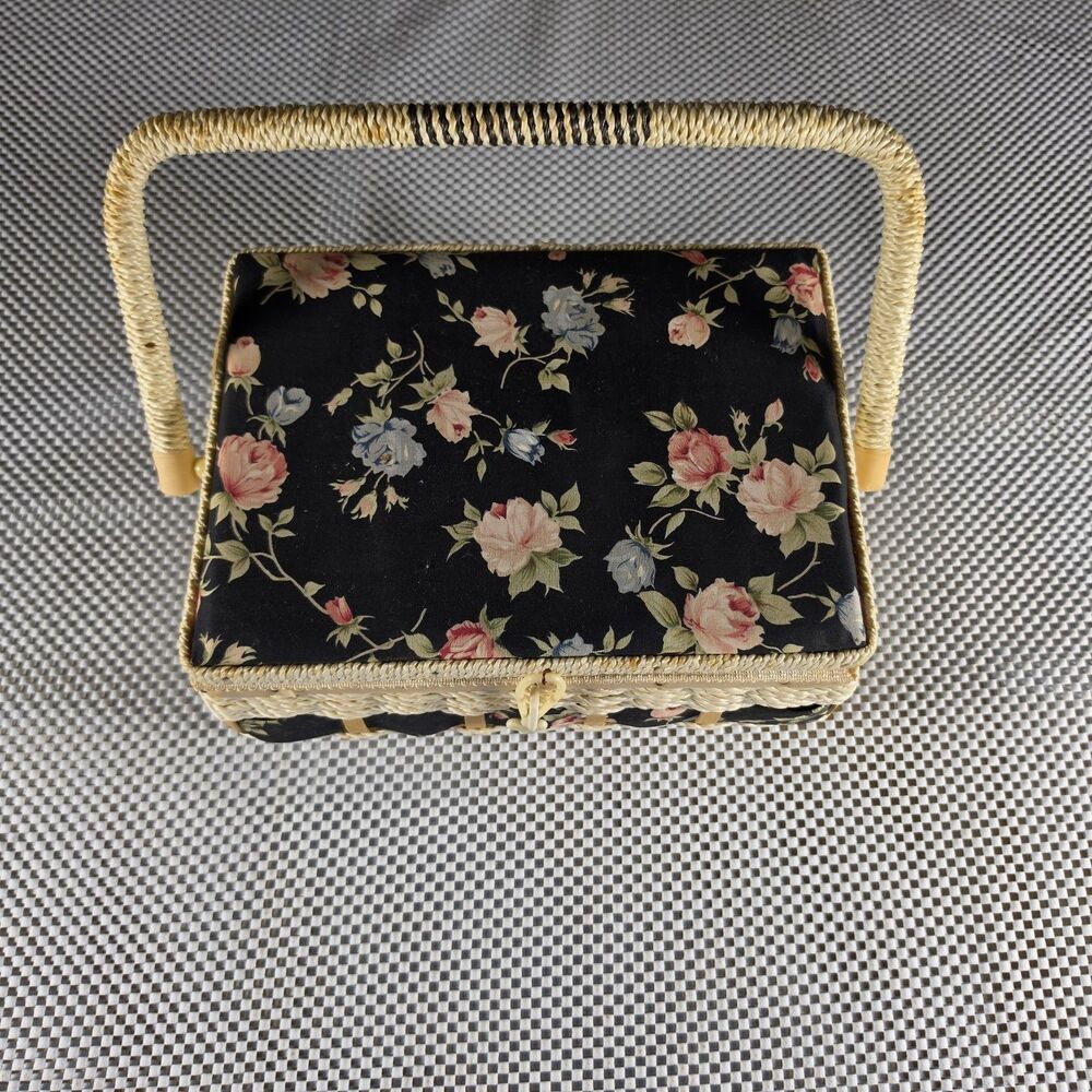 Vintage AZAR Sewing Basket Floral Wicker Box w/ Notions Scissors Bobbins Needles